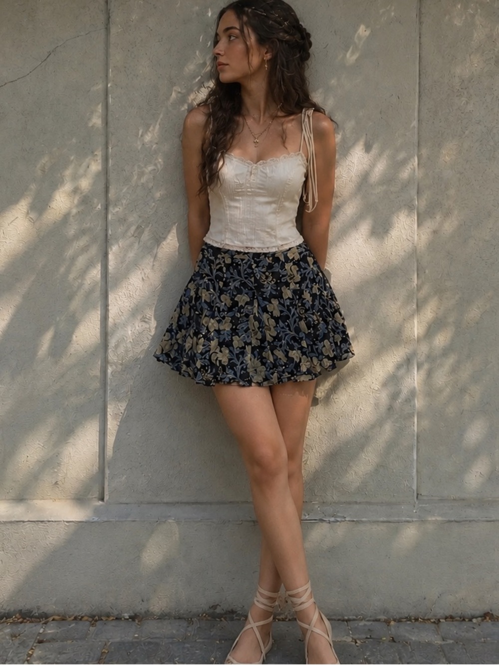 Free People Floral Blue & Ivory Mini Skirt